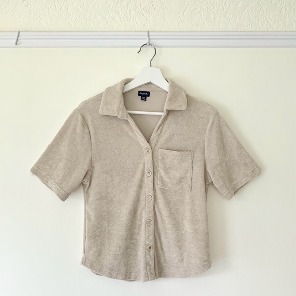 Gap Body beige Towel Terry button front short sleeve top - Picture 1 of 13